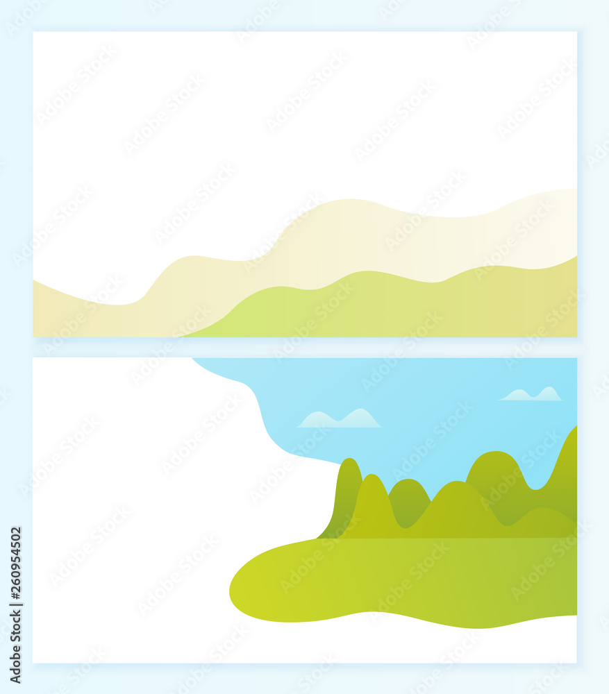 Fototapeta premium Abstract representation of horizon vector, set of blurry clear sky with clouds, lawn and green grass. Mountain with greenery and bushes in distance
