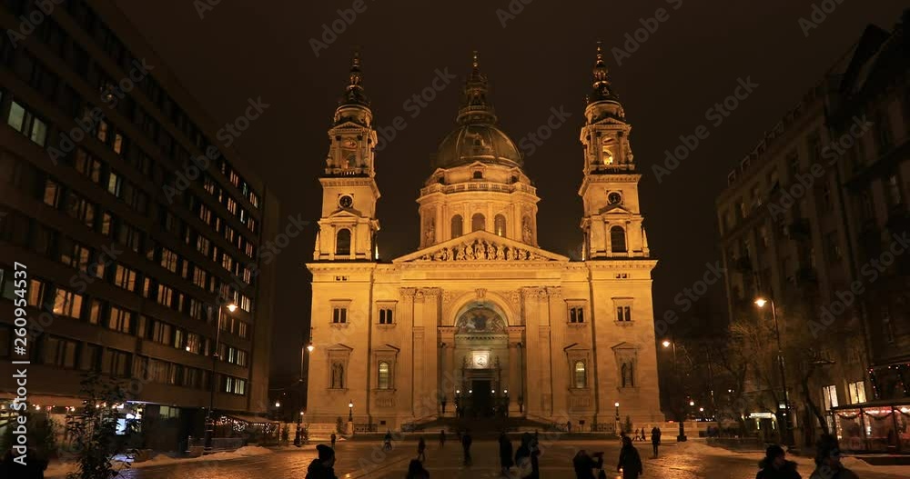 BUDAPEST, HUNGARY - JANUARY 15, 2019 : St. Stefan basilica exterior view at night. Time lapse BUDAPEST, HUNGARY - JANUARY 15, 2019 : St. Stefan basilica exterior view at night. Time lapse