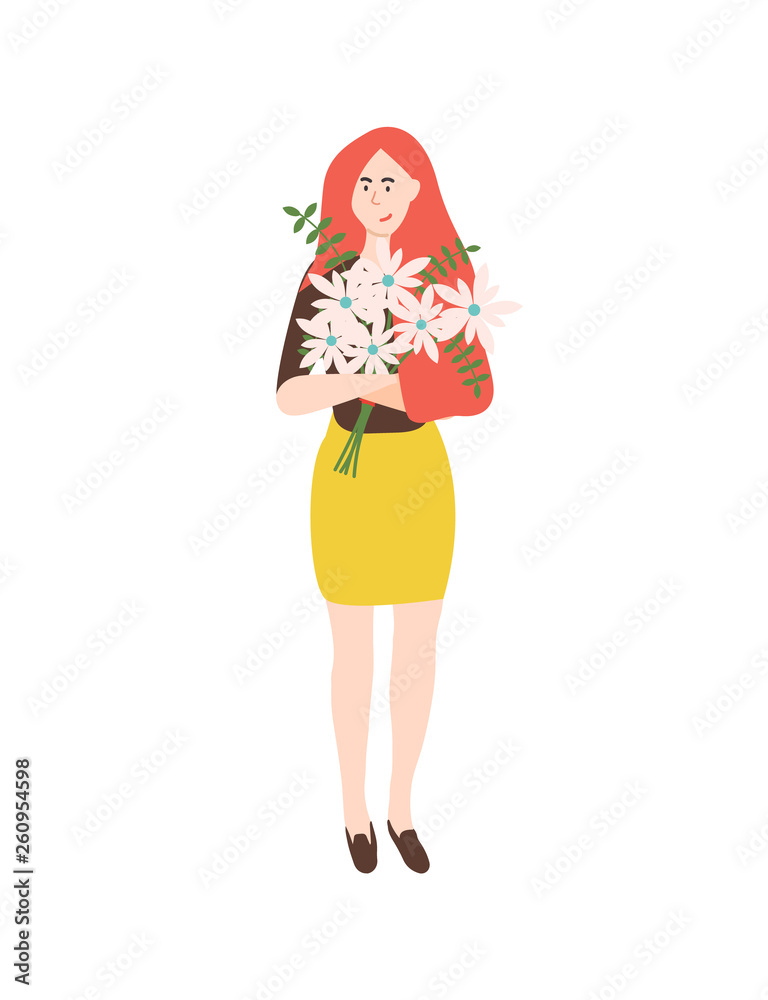 Leaves and flowers in bouquet vector, isolated woman holding daisy with leather fern filling. Female happy to get gift on international womens day Leaves and flowers in bouquet vector, isolated woman holding daisy with leather fern filling. Female happy to get gift on international womens day