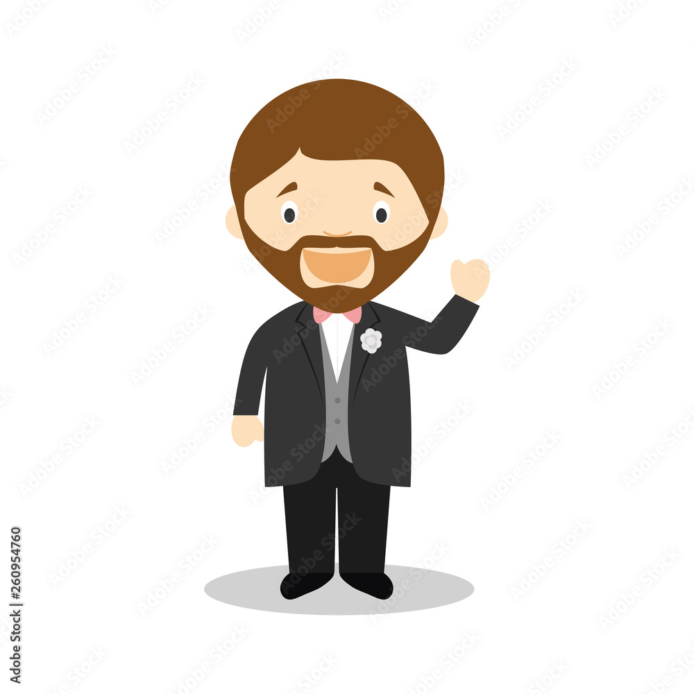 Caucasian bridegroom wearing a black suit in cartoon style Vector Illustration