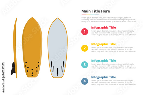 surfing board equipment infographics template with 4 points of free space text description - vector