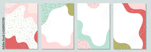 Spring colorful templates with liquid shapes and terrazzo texture. Abstract collage design for brochure, flyer, poster, magazine cover, packaging, branding design.