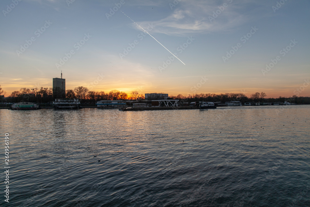 River Sava and Danube confluence view at cloudy summer day in Belgrade , Serbia. Beautfiul sky colors