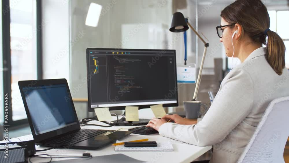 Female Audio Visual Programmer business, programming and technology concept - female programmer in ...