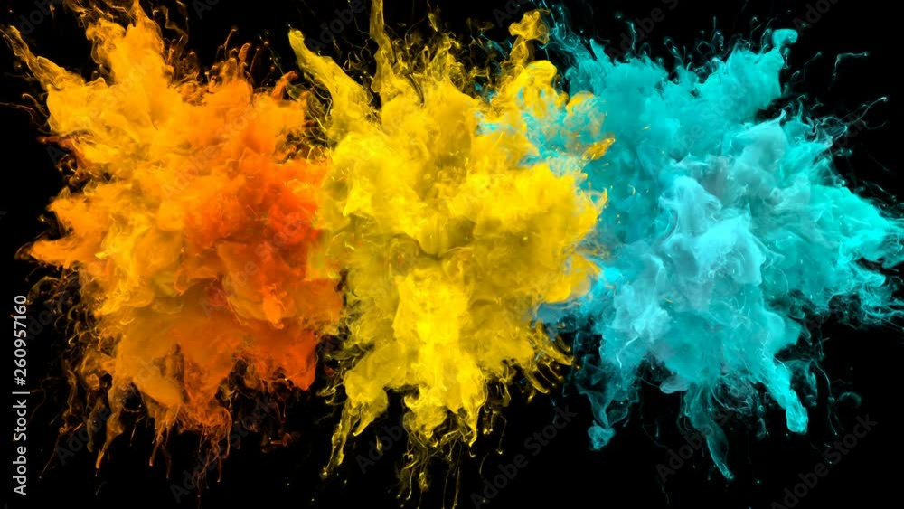 Orange Yellow Cyan Color Burst - Multiple colorful smoke powder explosion fluid ink particles slow motion alpha matte isolated on black