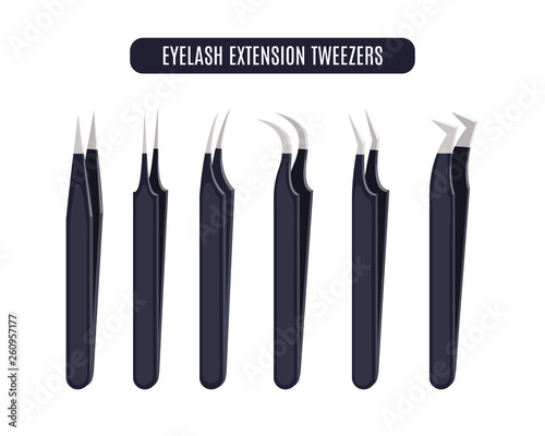 Set of steel tweezers isolated on white.