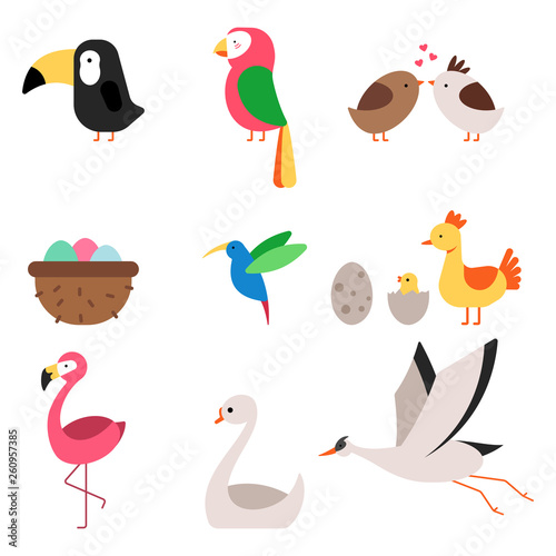 Cute cartoon birds vector flat simple icons set isolated on a white background.