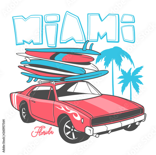 Miami typography for t-shirt print and Retro car with surfboard