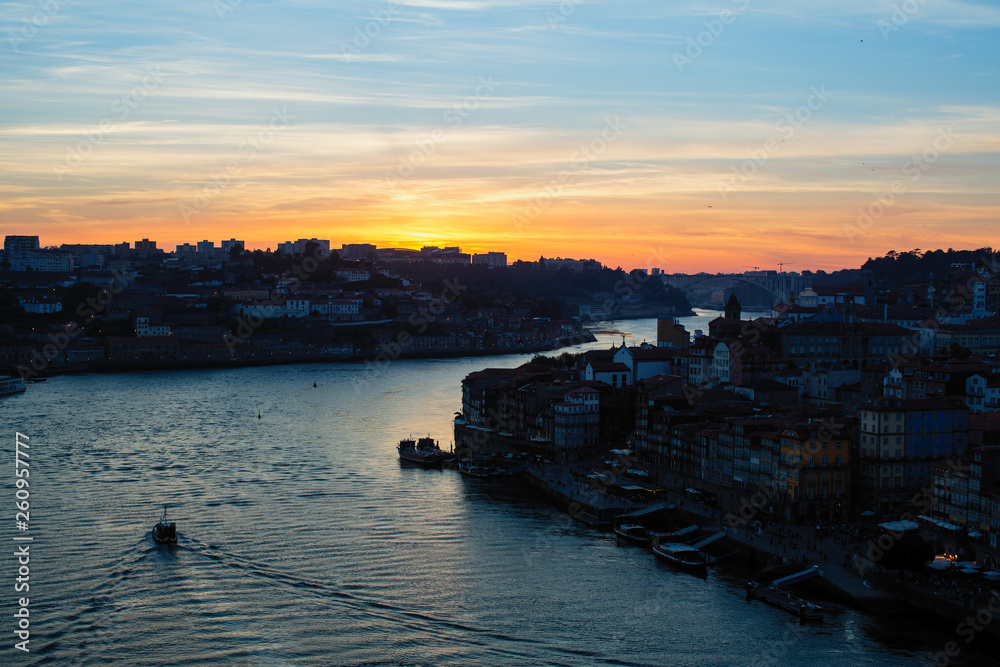 Amazing twilight over the Douro river in Porto, Portugal.