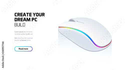 Computer RGB gaming mouse 3d realistic isometric illustration, personal computer hardware components, custom gaming and workstation accessories, pc store and service
