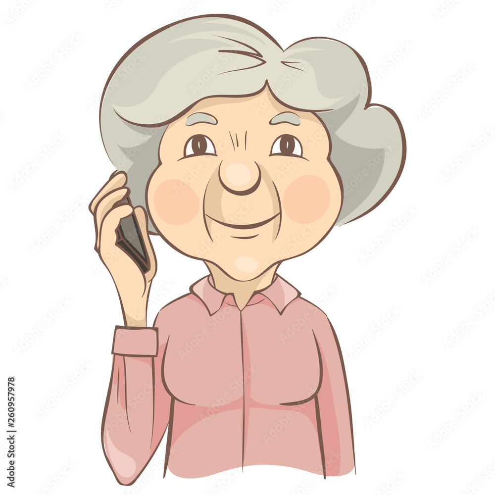 Fototapeta premium Grandmother with phone. Old woman takes a phone call, vector illustration. 