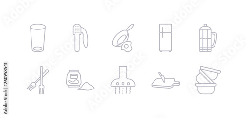 simple gray 10 vector icons set such as custard cup, cutting board, extractor hood, flour, fork, french press, fridge. editable vector icon pack