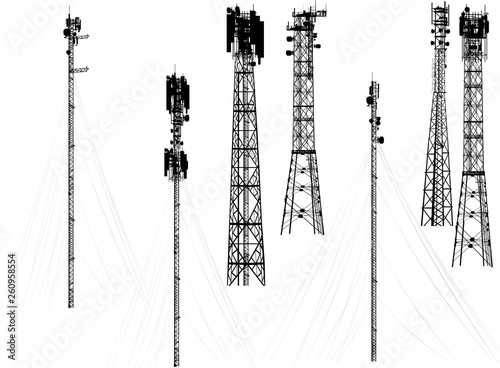 group with seven antenna towers on white