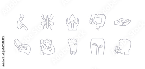 simple gray 10 vector icons set such as common cold, condyloma, congenital insensitivity to pain with anhidrosis, congestive heart disease, coronary heart disease, cowpox, crohn's disease. editable