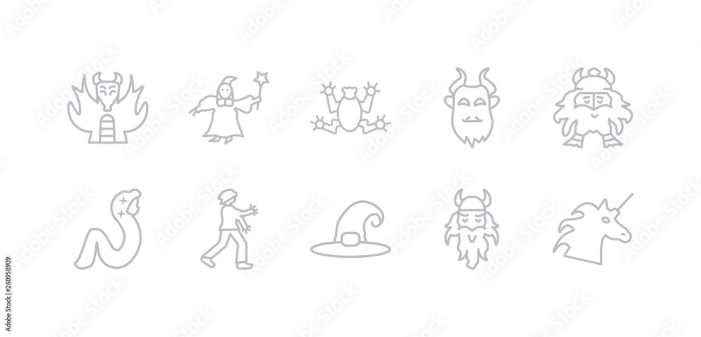 simple gray 10 vector icons set such as unicorn, viking, witch hat, zombie, rapunzel, dwarf, beast. editable vector icon pack