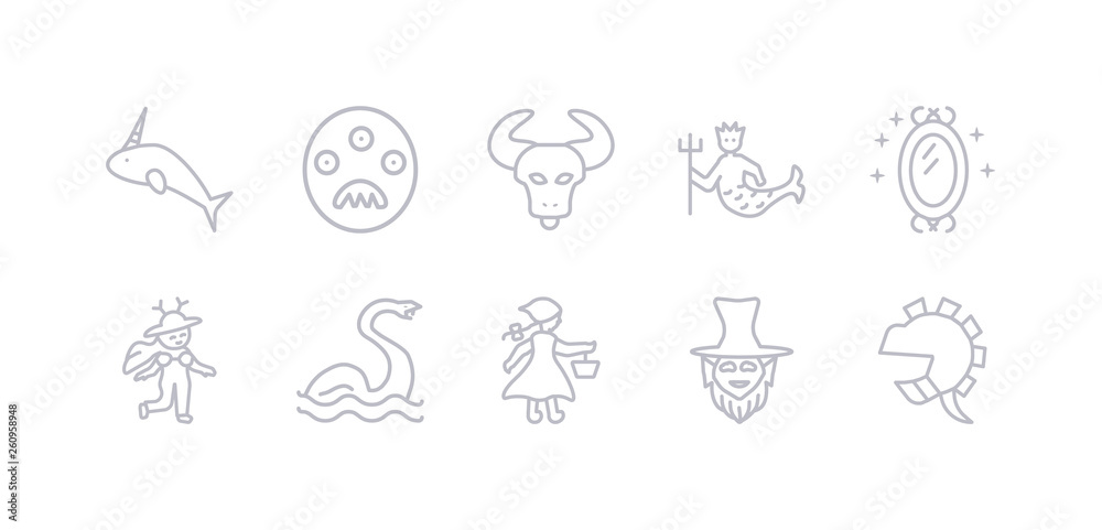 simple gray 10 vector icons set such as knight, leprechaun, little  riding hood, loch ness monster, madre monte, magic mirror, merman. editable vector icon pack