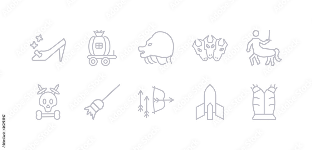 simple gray 10 vector icons set such as armor, atomic bomb, bow and arrow, broomstick, caribbean, centaur, cerberus. editable vector icon pack