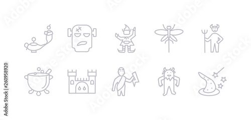 simple gray 10 vector icons set such as wizard, yeti, zeus, castle, cauldron, devil, dragonfly. editable vector icon pack