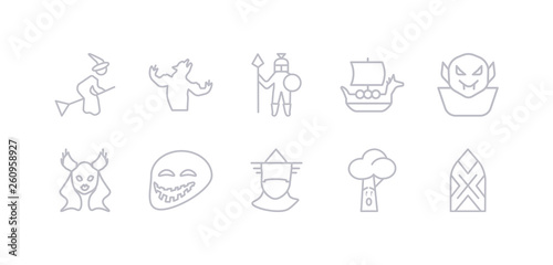 simple gray 10 vector icons set such as stained glass, talking tree, thor, troll, valkyrie, vampire, viking ship. editable vector icon pack