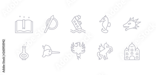 simple gray 10 vector icons set such as palace, pegasus, phoenix, pinocchio, potion, quetzalcoatl, seahorses. editable vector icon pack