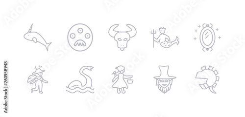 simple gray 10 vector icons set such as knight, leprechaun, little riding hood, loch ness monster, madre monte, magic mirror, merman. editable vector icon pack