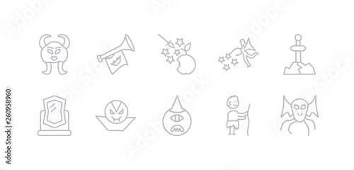 simple gray 10 vector icons set such as cthulhu, curupira, cyclops, dracula, enchanted mirror, excalibur, fairy. editable vector icon pack
