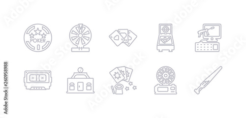 simple gray 10 vector icons set such as lightsaber, lottery game, magic cards, mall, music tape, pc game, pinball. editable vector icon pack