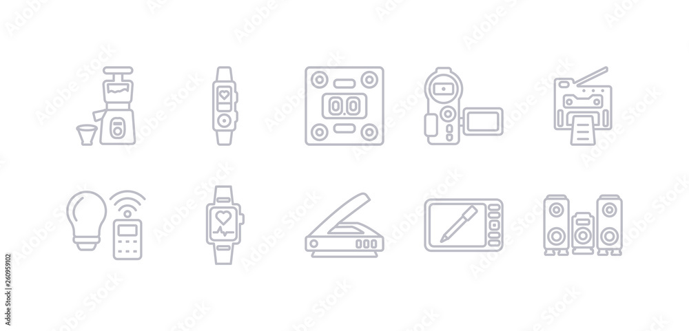 simple gray 10 vector icons set such as speakers, graphic tablet, scanner, smartband, smart light, copy machine, video recorder. editable vector icon pack simple gray 10 vector icons set such as speakers, graphic tablet, scanner, smartband, smart light, copy machine, video recorder. editable vector icon pack