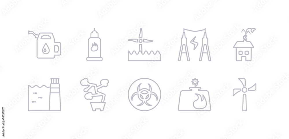 simple gray 10 vector icons set such as wind turbine, biogas, biohazard, bonsai, dam, eco house, energy. editable vector icon pack simple gray 10 vector icons set such as wind turbine, biogas, biohazard, bonsai, dam, eco house, energy. editable vector icon pack