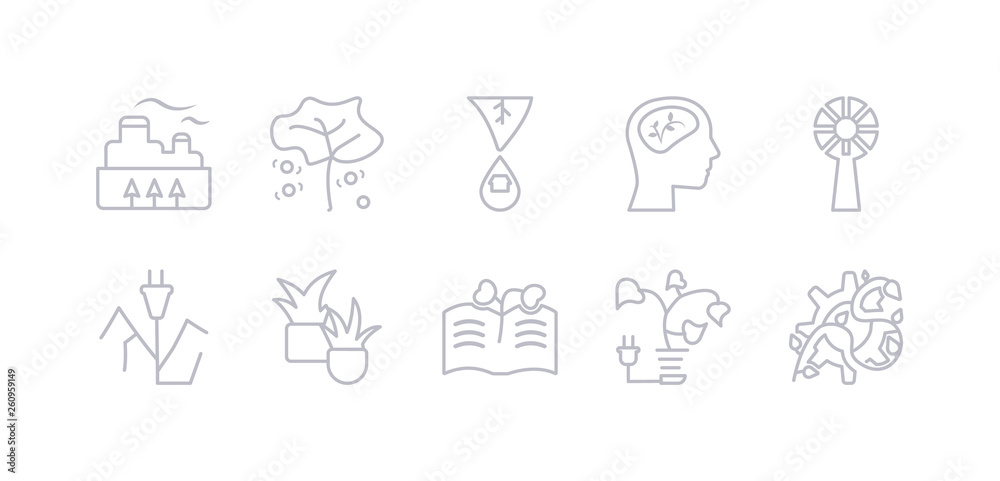 simple gray 10 vector icons set such as eco industry, eco light, eco paper, plant, plug, turbine, ecologism. editable vector icon pack