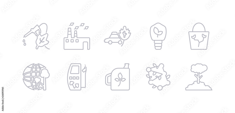 simple gray 10 vector icons set such as ecology, bio, biodiesel, biofuel, eco, eco bag, eco bulb. editable vector icon pack