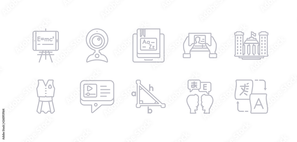 simple gray 10 vector icons set such as translation, translator, trigonometry, tutorial, uniform, university, video player. editable vector icon pack