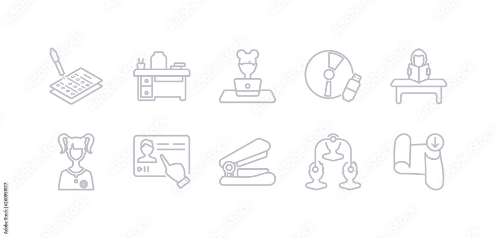 Naklejka premium simple gray 10 vector icons set such as sheet, sociology, stapler, streaming, student, study, study tools. editable vector icon pack