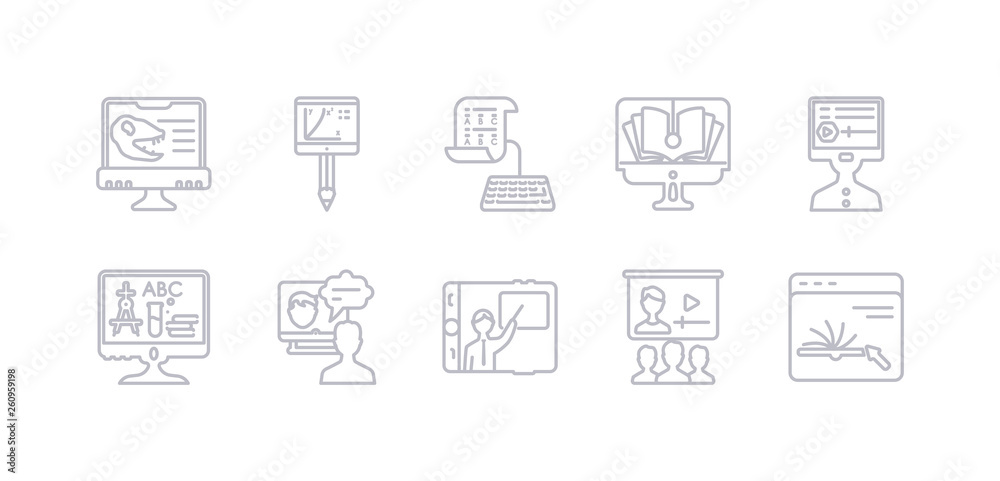 simple gray 10 vector icons set such as online, online class, online coaching, course, education, learning, library. editable vector icon pack