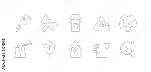 simple gray 10 vector icons set such as global warming, power, house, leaf, nuclear plant, planet earth, radioactive. editable vector icon pack