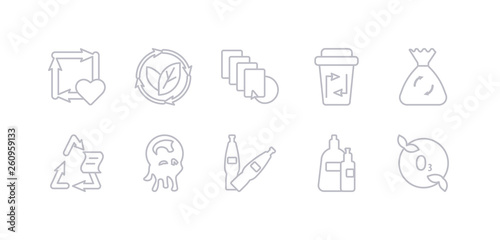 simple gray 10 vector icons set such as ozone layer, plastic, plastic bottle, pollution, recyclable, recycle bag, recycle bin. editable vector icon pack