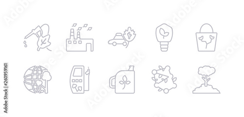 simple gray 10 vector icons set such as ecology, bio, biodiesel, biofuel, eco, eco bag, eco bulb. editable vector icon pack