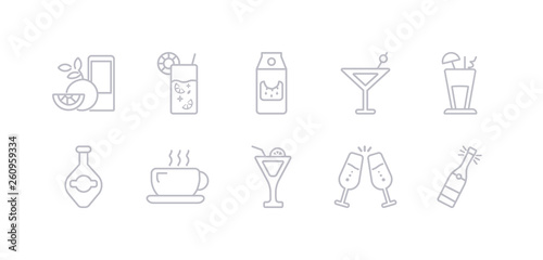 simple gray 10 vector icons set such as champagne, cheers, cocktail, coffee, cognac, lemonade, martini. editable vector icon pack