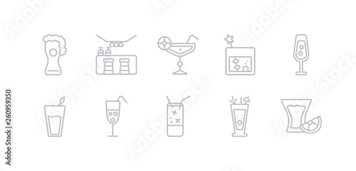 simple gray 10 vector icons set such as pisco sour, planter's punch, mint julep, ramos gin fizz, daiquiri, french 75, manhattan drink. editable vector icon pack