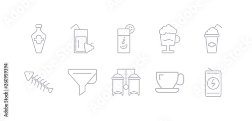 simple gray 10 vector icons set such as energy drink  espresso  fermentation  filtration  fish skeleton  frappe  frappuccino. editable vector icon pack