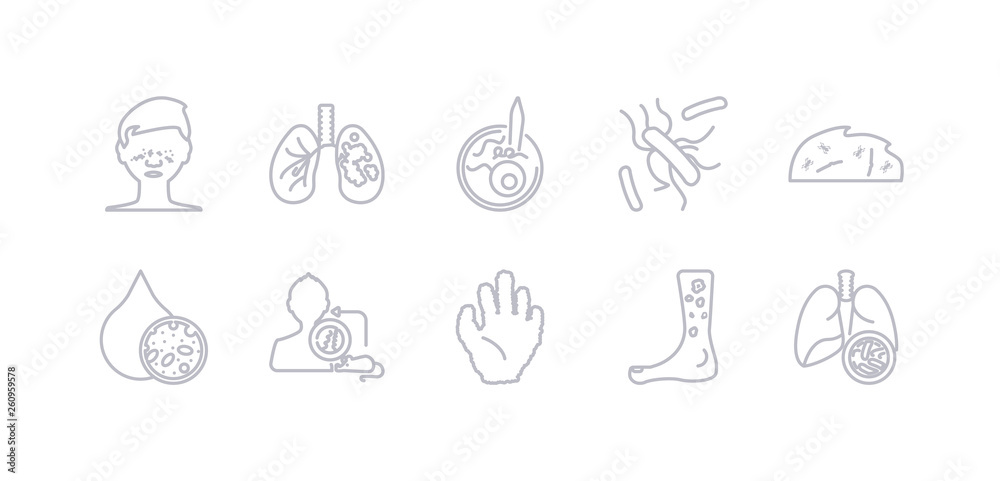 simple gray 10 vector icons set such as kidney stone disease, kuru, kwashiorkor, laryngitis, lead poisoning, legionellosis, leishmaniasis. editable vector icon pack