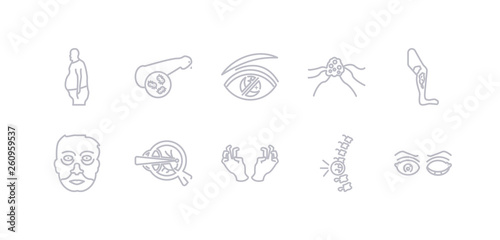simple gray 10 vector icons set such as microcephaly, middle east respiratory syndrome (mers), migraine, mononucleosis, morquio syndrome, multiple myeloma, multiple sclerosis. editable vector icon
