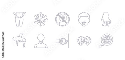 simple gray 10 vector icons set such as human papillomavirus, human papillomavirus (hpv), huntington's disease, hypermetropia, hyperopia, prostatitis, hyperthyroidism. editable vector icon pack