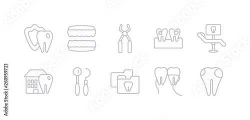 simple gray 10 vector icons set such as dental filling, dental floss, dental folder, hook, house, monitor, plaque. editable vector icon pack