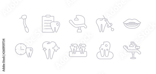 simple gray 10 vector icons set such as clinic  damaged tooth  decay  dental  dental appointment  dental brackets  care. editable vector icon pack