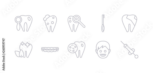 simple gray 10 vector icons set such as anesthesia  baby dental  bacteria in mouth  braces  breath  broken tooth  brushing teeth. editable vector icon pack