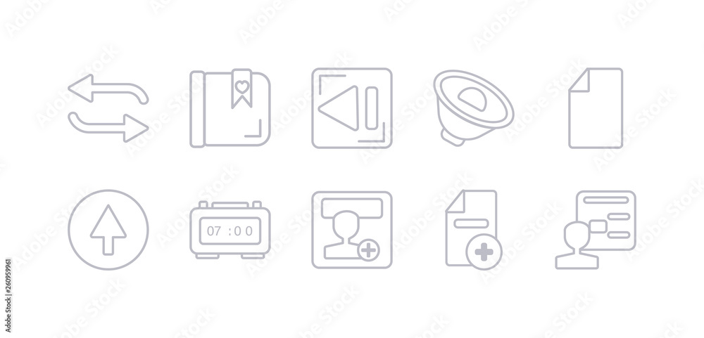 simple gray 10 vector icons set such as account, add, add user, alarm clock, arrow, attachment, audio. editable vector icon pack simple gray 10 vector icons set such as account, add, add user, alarm clock, arrow, attachment, audio. editable vector icon pack