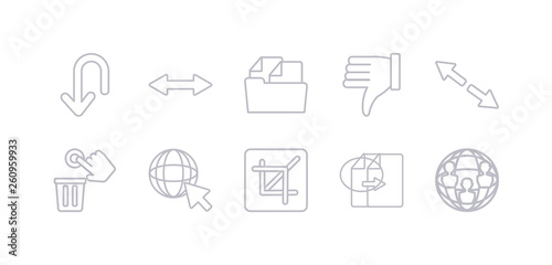 simple gray 10 vector icons set such as connections, copy, crop, cursor, delete, diagonal arrow, dislike. editable vector icon pack