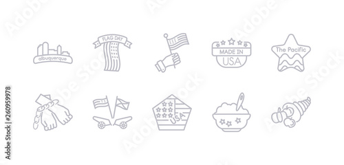 simple gray 10 vector icons set such as cornucopia, porridge, sticker, american civil war, slavery in the united states, pacific ocean, made in usa. editable vector icon pack