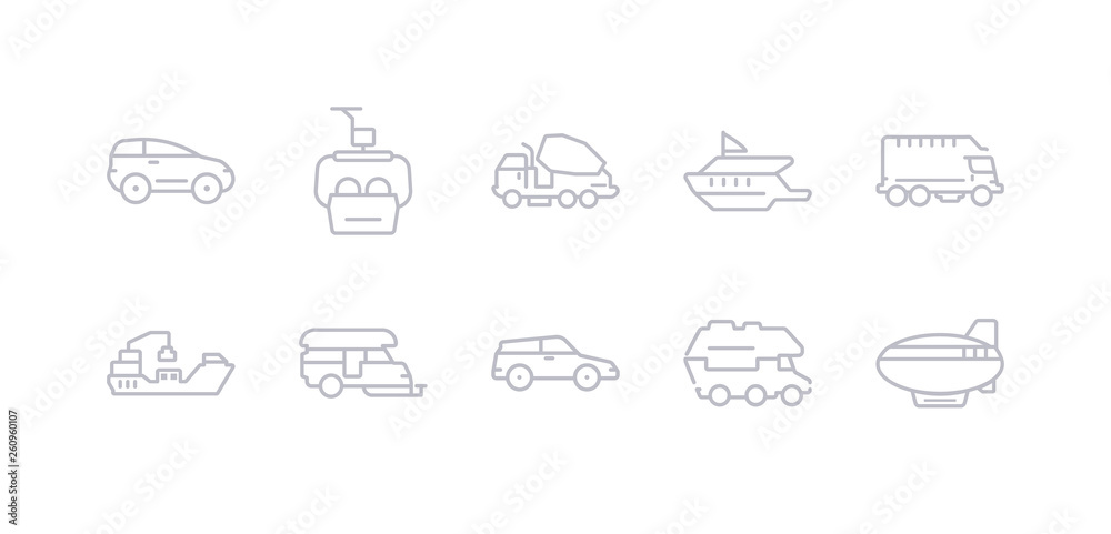 simple gray 10 vector icons set such as camper car, car, caravan, cargo ship, cargo truck, catamaran, cement truck. editable vector icon pack